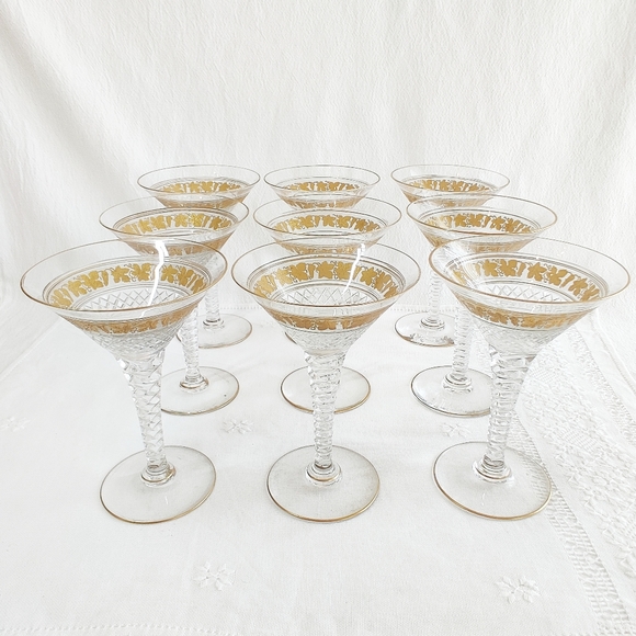 Val St Lambert Cut Crystal Martini Glass Stemware, Set of 9, Gold Gilt Grapevine - Picture 4 of 14